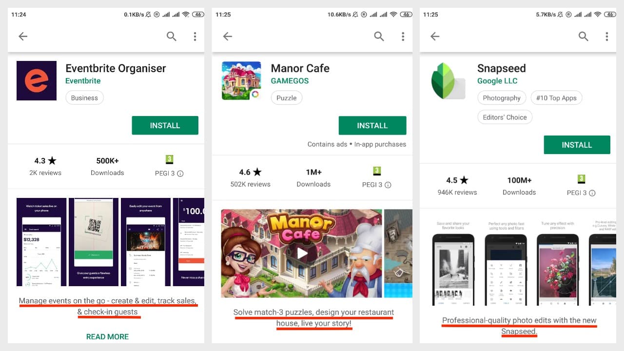 Promo text on Google Play: Eventbrite Organiser, Manor Cafe, Snapseed